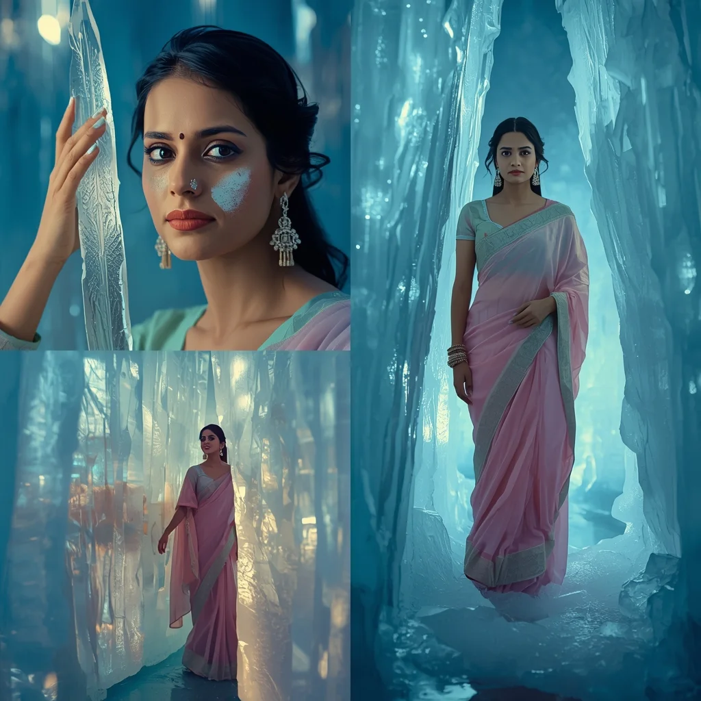 Festive Pastel Saree Crystal Ice Cave Glow Collage | Frozen Fantasy Prompt | Gemini Saree Prompt For Woman