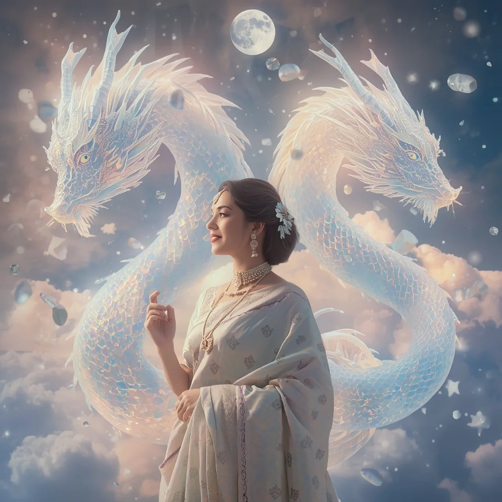 Festive Pastel Saree Crystal Moon Dragon Paradise Collage Premium | Easy Ai Prompt