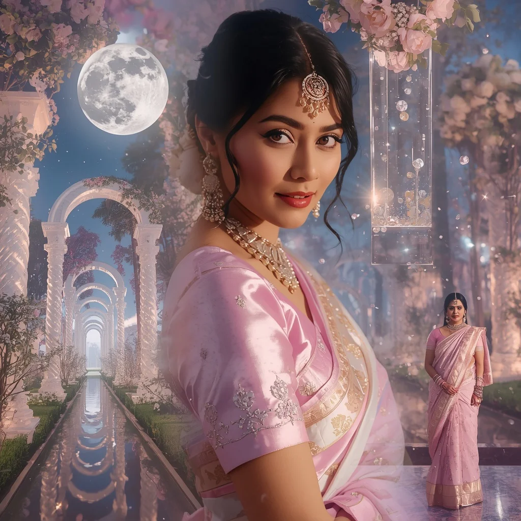 Festive Pastel Saree Crystal Moonlight Palace Garden Collage Premium Cinematic | Google Prompt