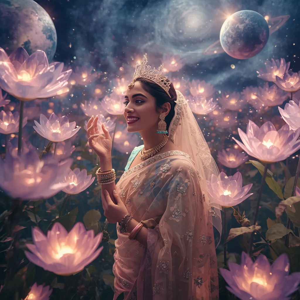 Festive Pastel Saree Crystal Planet Crown Garden Collage Premium | Fantasy Ai Prompt