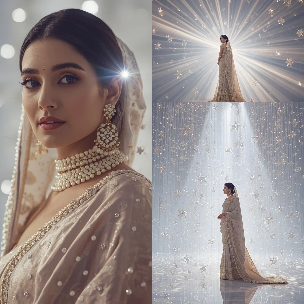 Festive Pastel Saree Crystal Sun Cathedral Realm Collage | Ai Image Generator Prompt