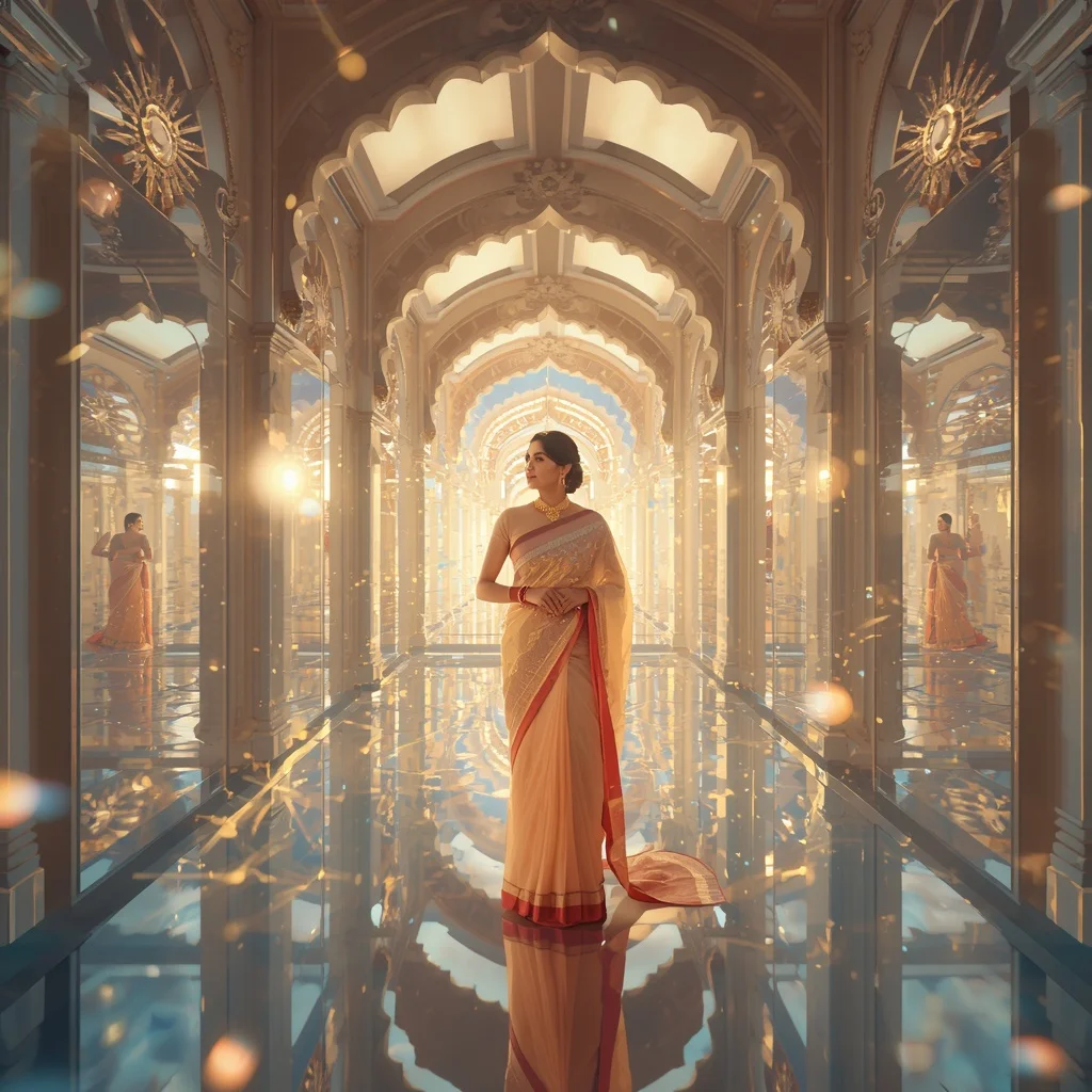 Festive Pastel Saree Crystal Sun Halo Palace Collage Premium Cinematic | Ai Girl Image Prompt