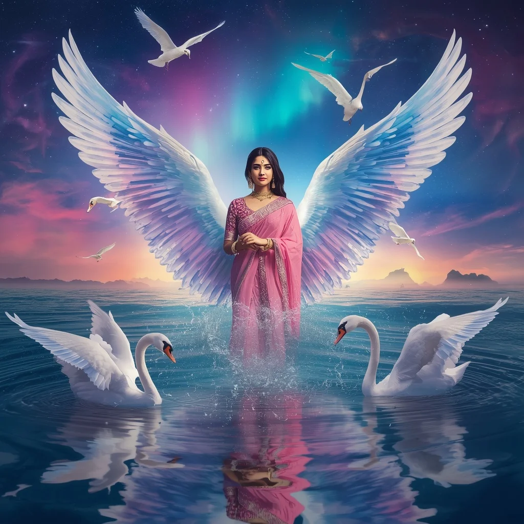 Festive Pastel Saree Crystal Swan Aurora Galaxy Tide Kingdom Collage Premium | Sora Ai Prompt