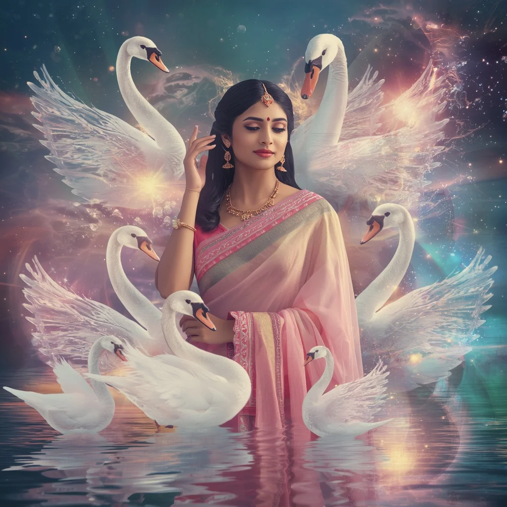 Festive Pastel Saree Crystal Swan Nebula Garden Collage Premium | Travel Ai Prompt