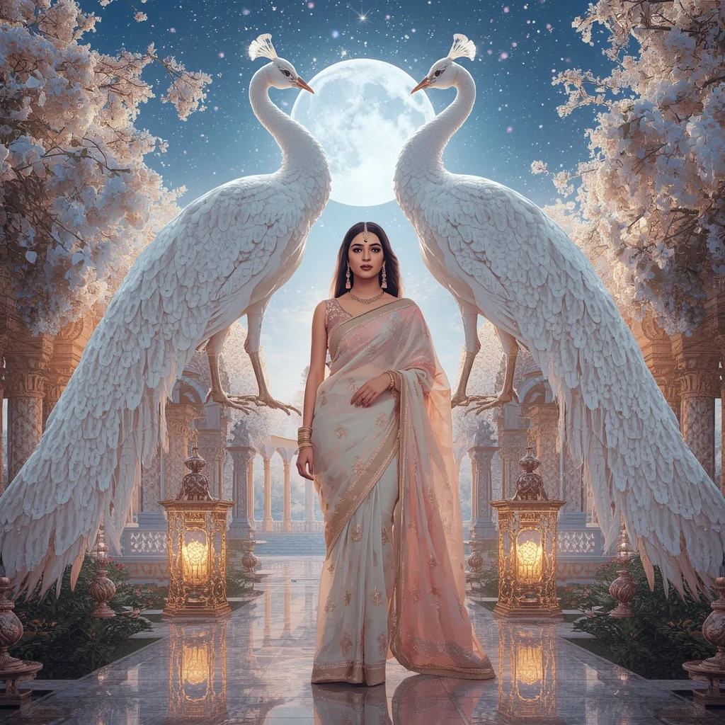 Festive Pastel Saree Crystal White Peacock Dynasty Luxury Collage | Attitude Girl Prompt