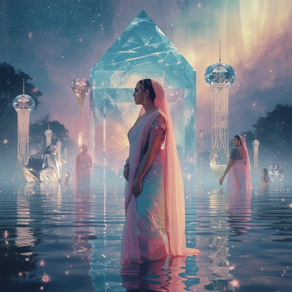 Festive Pastel Saree Diamond Aurora Crystal Lake Empire Luxury Collage | Photo Prompt