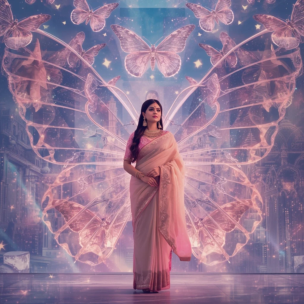 Festive Pastel Saree Diamond Butterfly Galaxy Empire Collage Premium | Prompt Generator