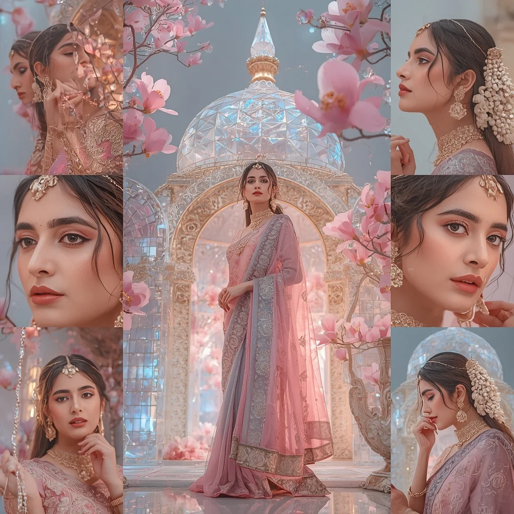 Festive Pastel Saree Diamond Celestial Magnolia Palace Collage Premium Cinematic Luxury | Trending Girl Photo Prompt