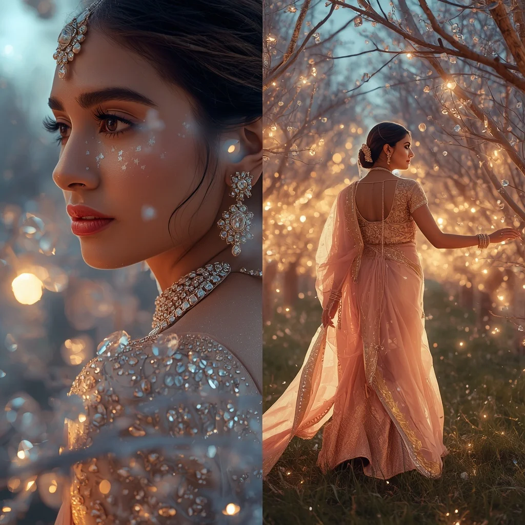 Festive Pastel Saree Diamond Comet Orchard Collage | Free Ai Prompt