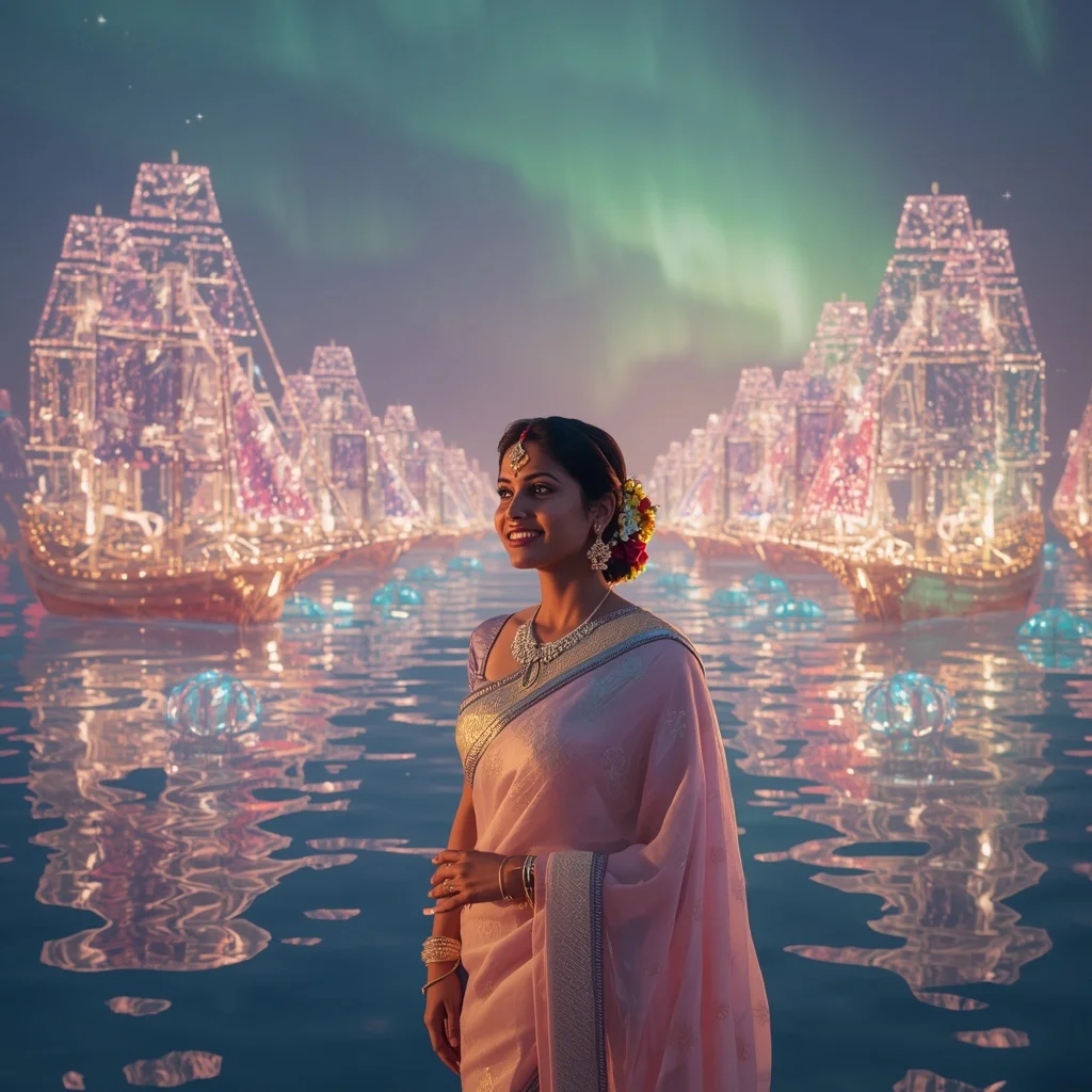 Festive Pastel Saree Diamond Crystal Aurora Harbor Collage Premium | Prompt Seen Girl Photo Editing ChatGPT