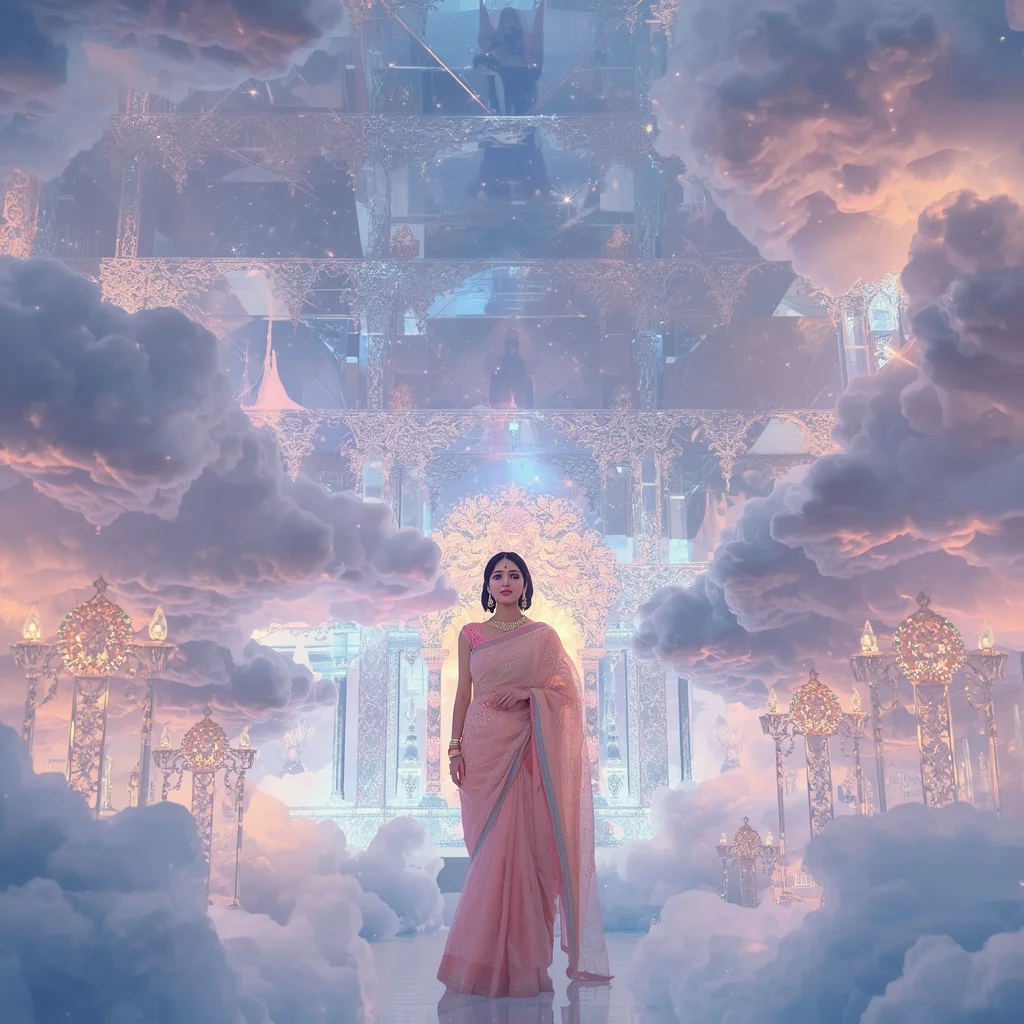 Festive Pastel Saree Diamond Crystal Cloud Palace Collage Premium | Secret Ai Prompt