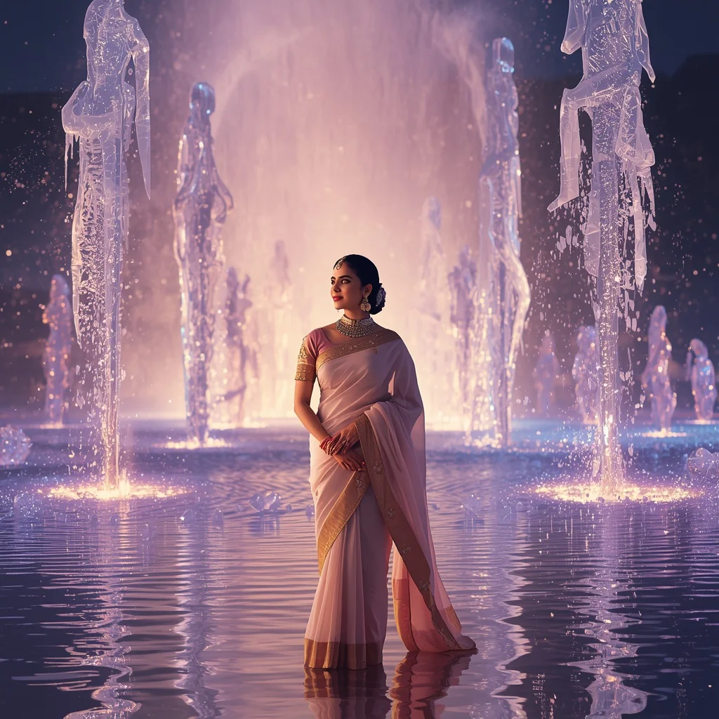 Festive Pastel Saree Diamond Crystal Galaxy Fountain Collage Premium | Text To Image Prompt