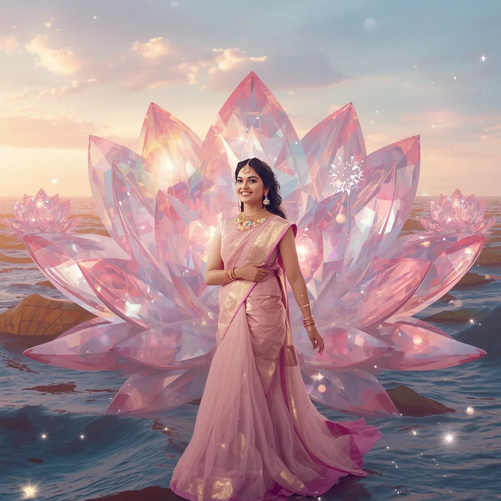 Festive Pastel Saree Diamond Crystal Lotus Horizon Collage Premium | Realistic Ai Prompt