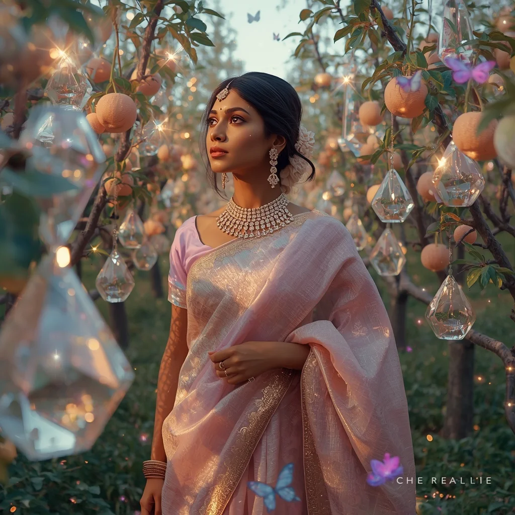 Festive Pastel Saree Diamond Crystal Star Orchard Collage Luxury | Grok Ai Prompt