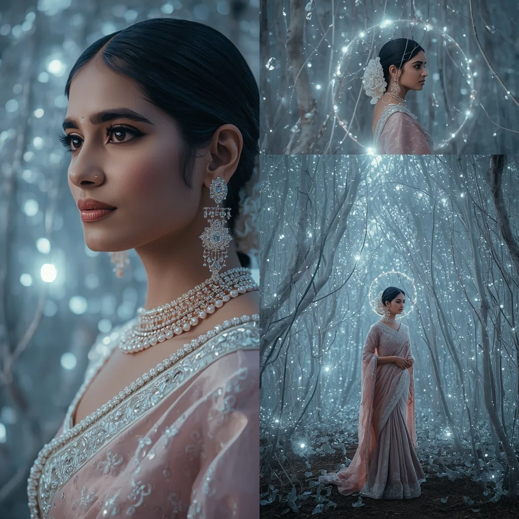 Festive Pastel Saree Diamond Halo Forest Collage | Prompt Seen Girl Kurti