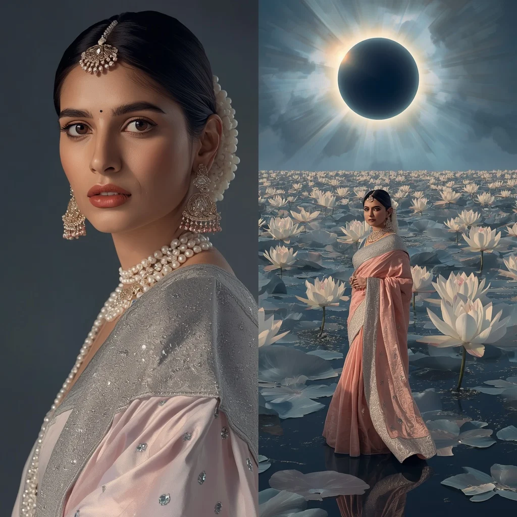 Festive Pastel Saree Diamond Lotus Eclipse Ocean Collage | Easy Ai Prompt