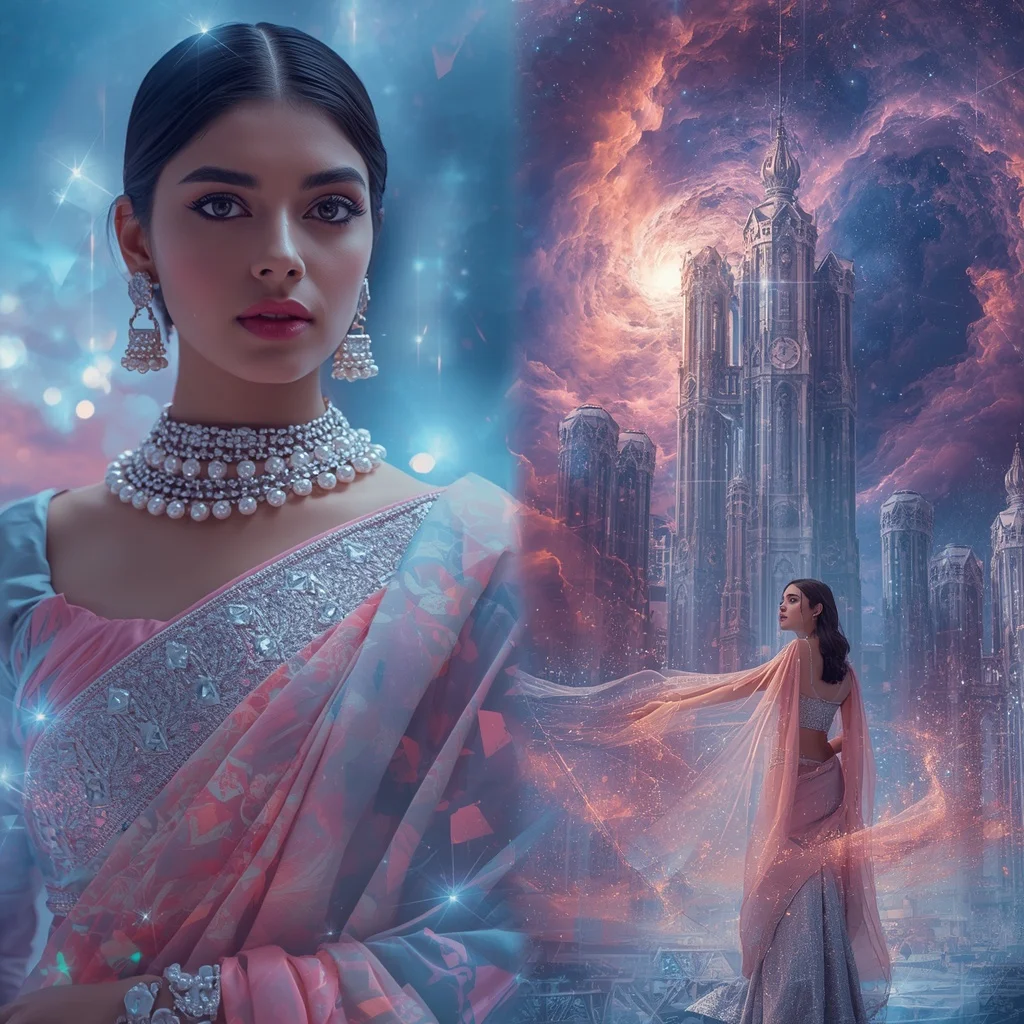 Festive Pastel Saree Diamond Nebula Clocktower Realm Collage | Prompt Seen Girl Photo Editing Chatgpt Download