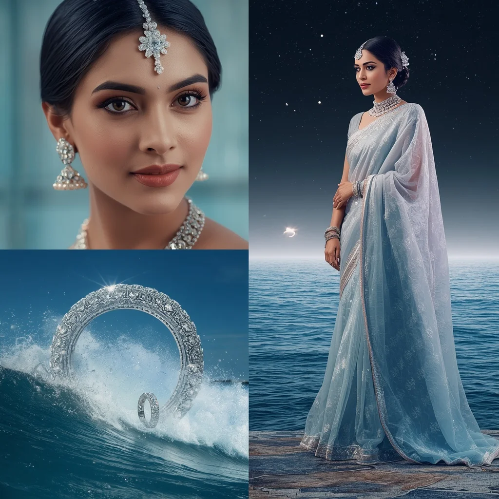 Festive Pastel Saree Diamond Planet Ring Ocean Collage | Ai Image Prompt