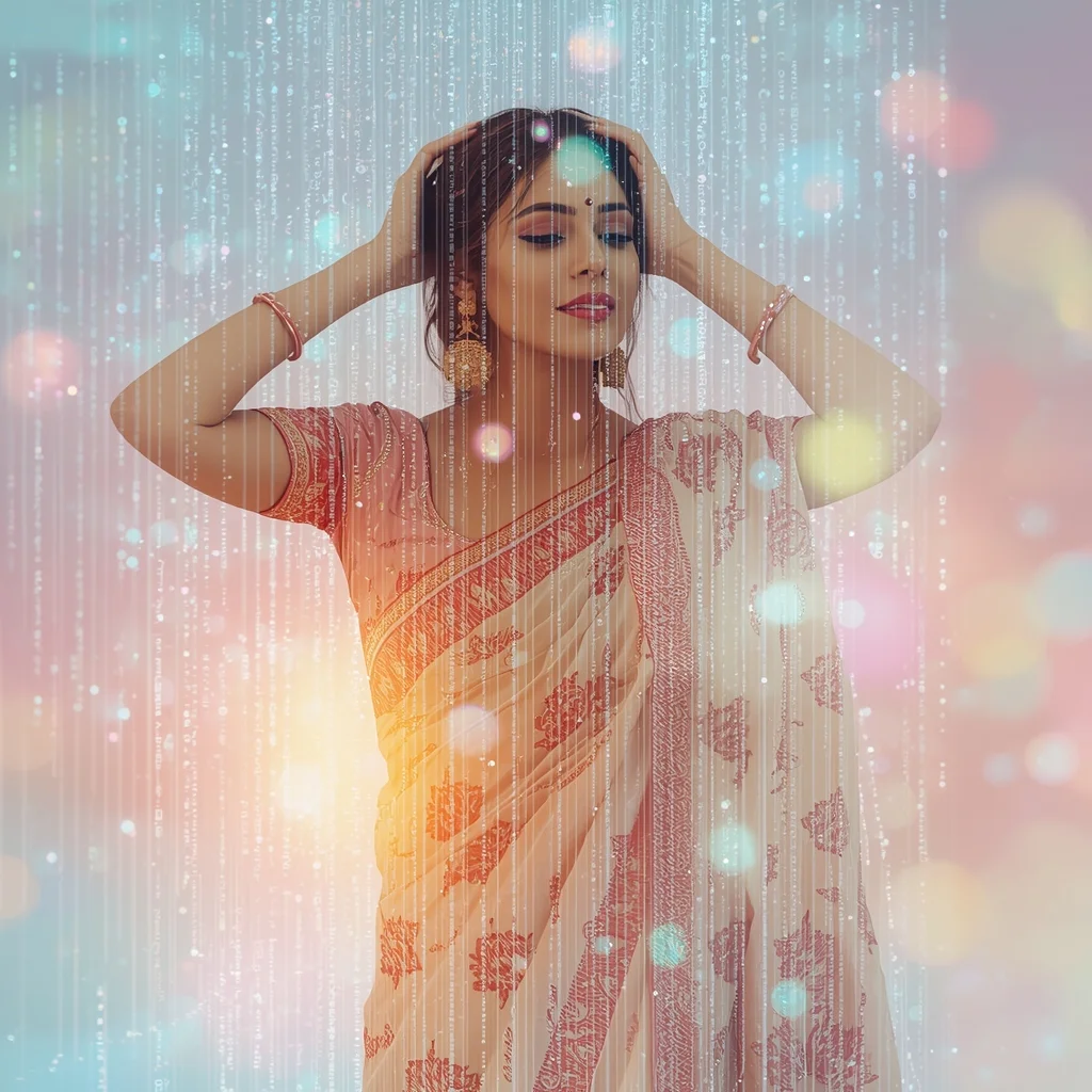 Festive Pastel Saree Digital Data Waterfall Collage Modern Cinematic | Prompt For Gemini Girl Style Trending