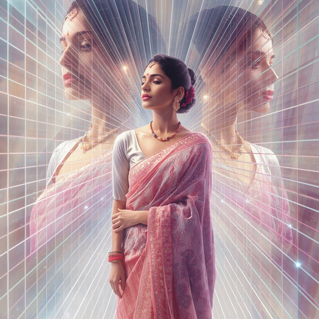 Festive Pastel Saree Digital Energy Grid Collapse Collage Modern Cinematic | Gemini Ai Prompt Saree Copy Paste