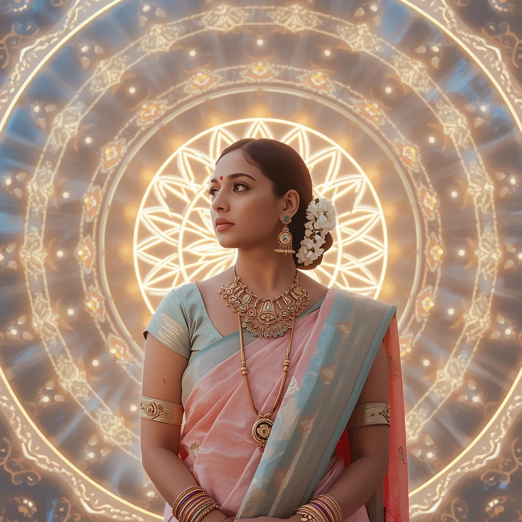 Festive Pastel Saree Divine Light Mandala Energy Bloom Collage | Sacred Geometry Prompt | Saree Girl Dp Ai Prompt Ultra Hd