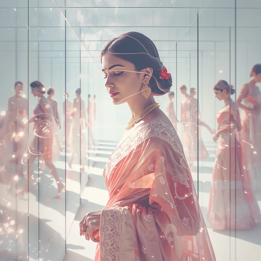 Festive Pastel Saree Double Exposure Ripple Pulse Crystal Tunnel Time Echo Collage | Indian Girl Artistic Infinite Depth Motion Dream Aesthetic Cinematic Viral Prompt | Beautiful Saree Girl Ai Prompt