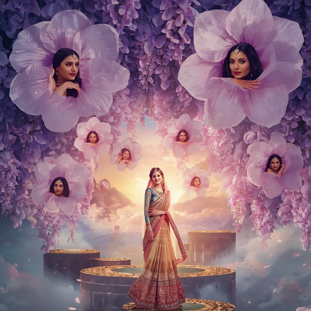Festive Pastel Saree Dream Celestial Wisteria Kingdom Collage Cinematic | Profile Picture Ai Prompt