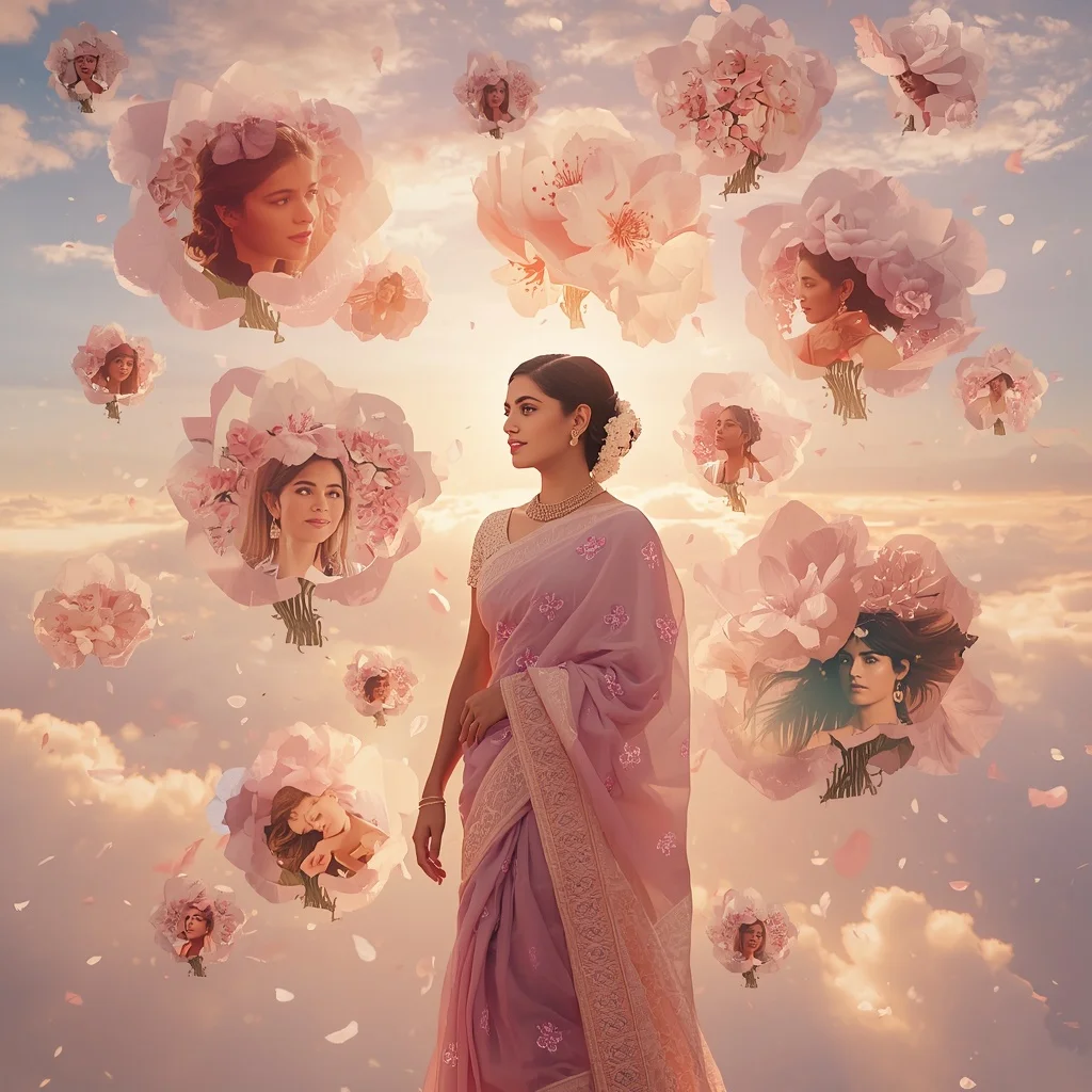 Festive Pastel Saree Dream Cherry Blossom Cloudscape Collage Cinematic | Prompt Seen Gemini Girl Instagram