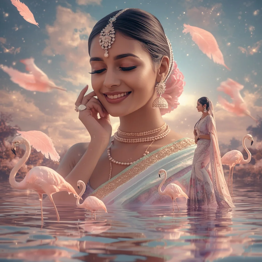 Festive Pastel Saree Dream Crystal Flamingo Paradise Collage Cinematic Aesthetic | Google Prompt