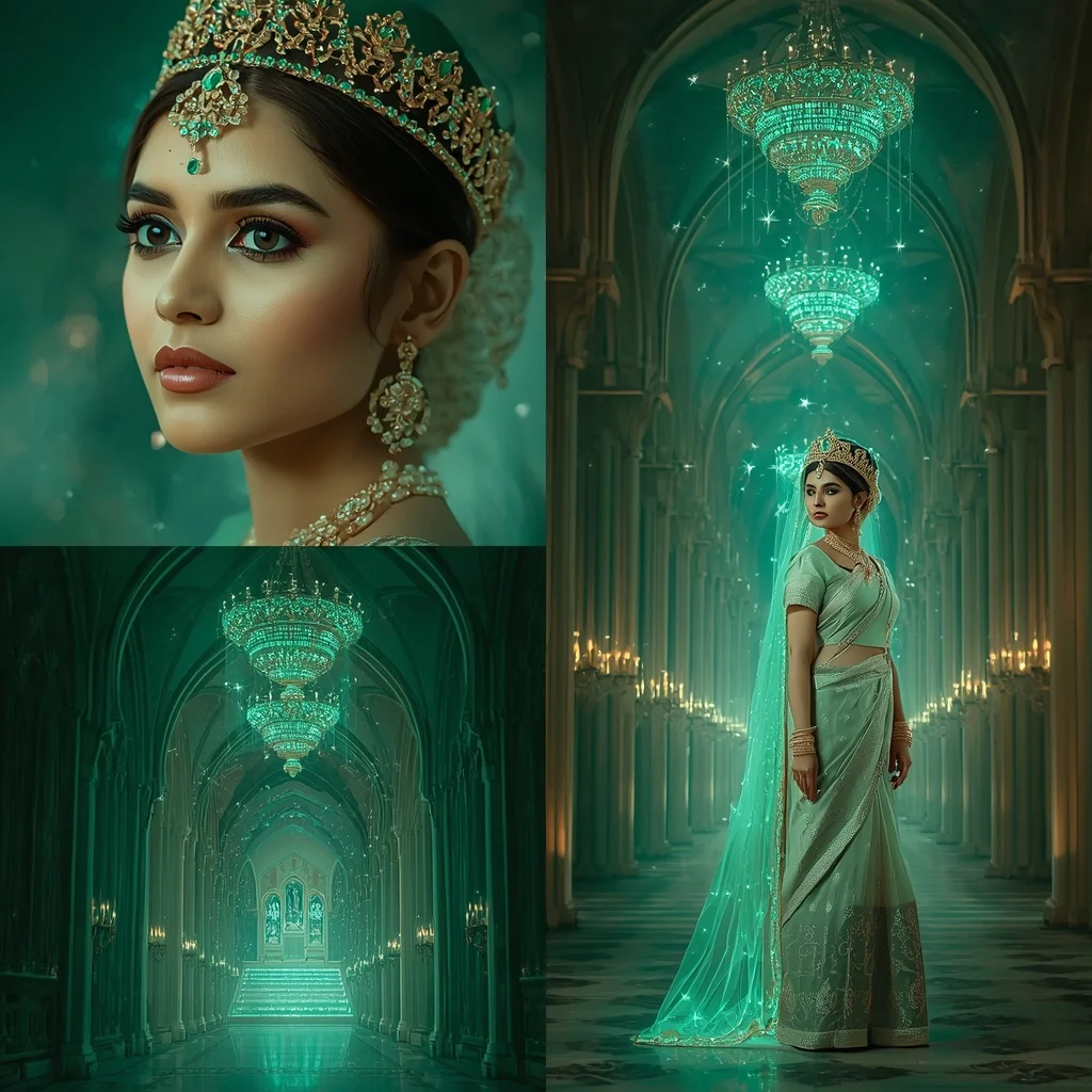 Festive Pastel Saree Emerald Crown Cathedral Of Stars Collage Prompt | Prompt For Gemini Girl Style Trending