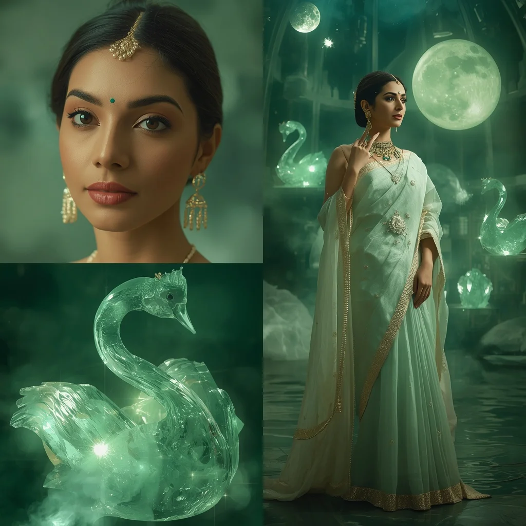 Festive Pastel Saree Emerald Crystal Swan Observatory Collage | Influencers Ai Prompt