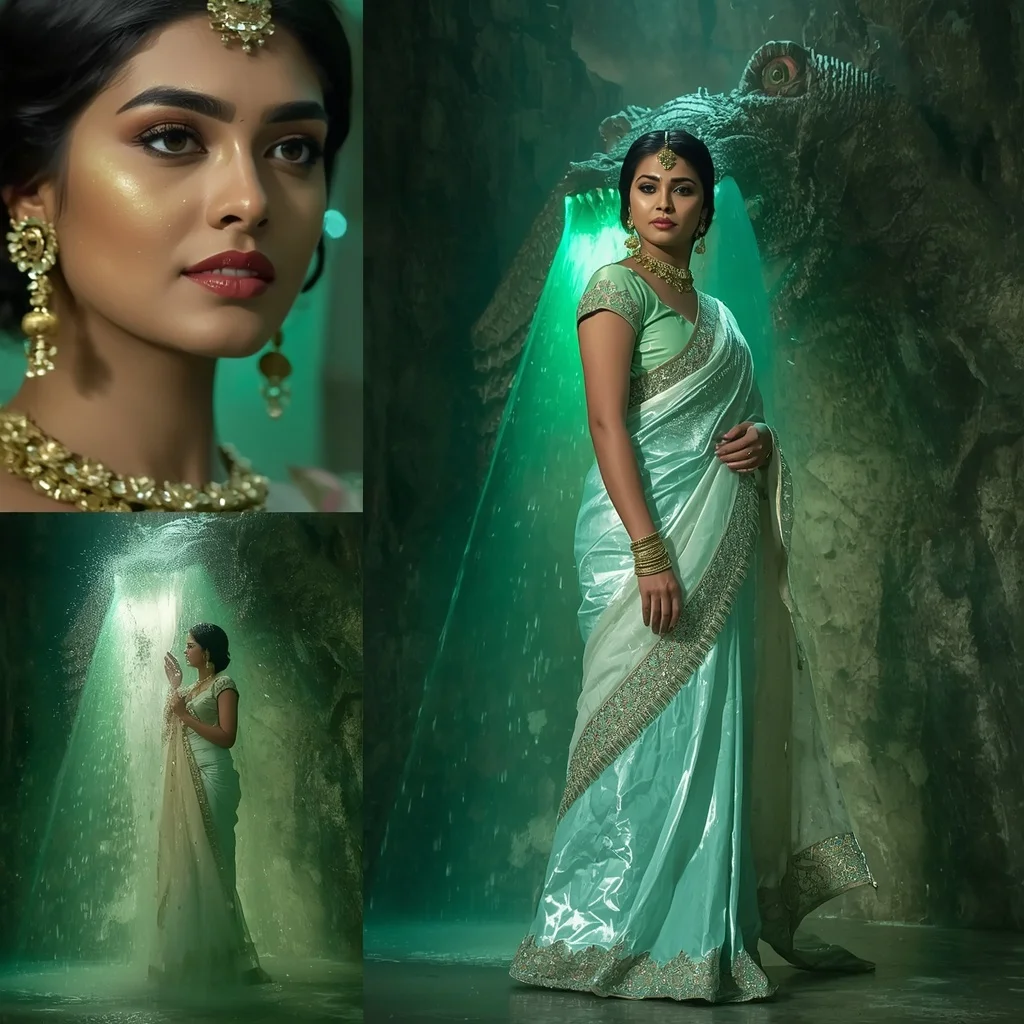 Festive Pastel Saree Emerald Dragon Waterfall Palace Collage | Ai Prompt Generator Free