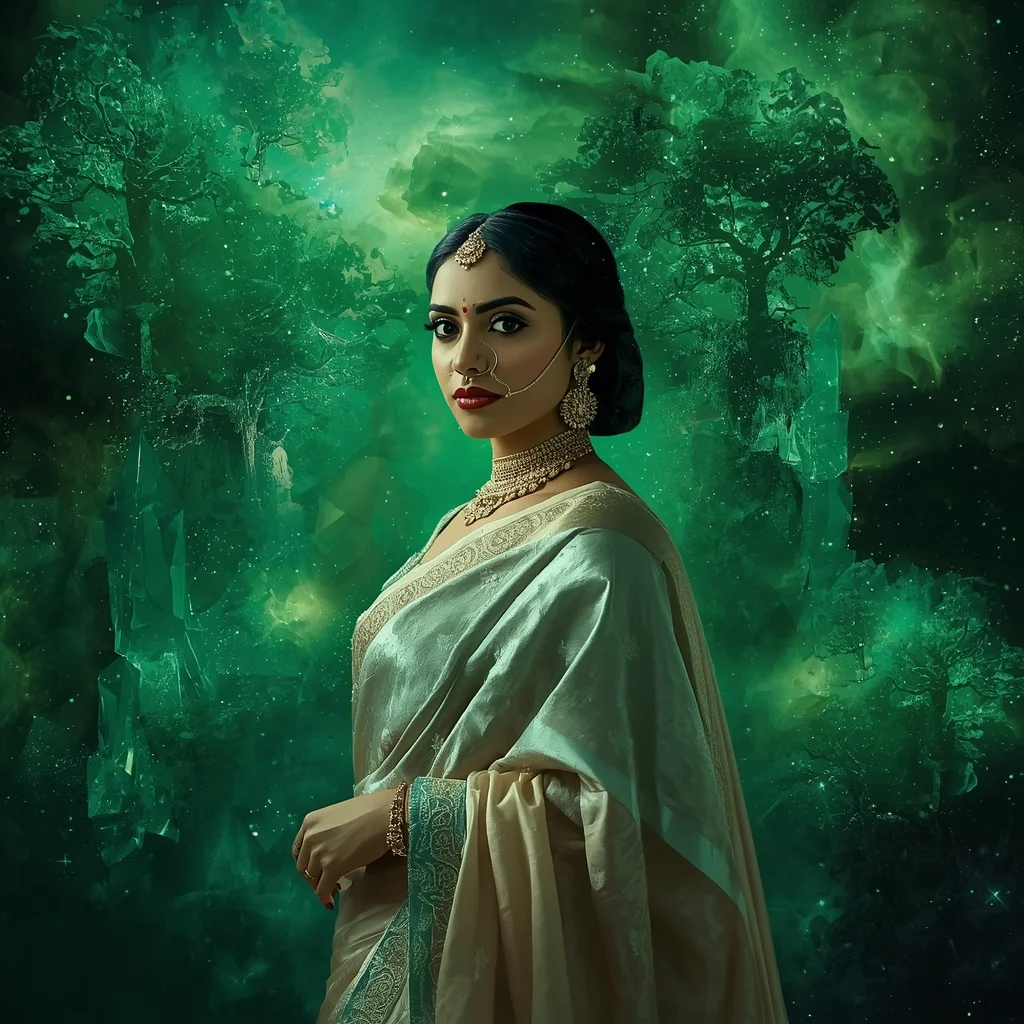 Festive Pastel Saree Emerald Nebula Crystal Forest Collage | Festival Prompt