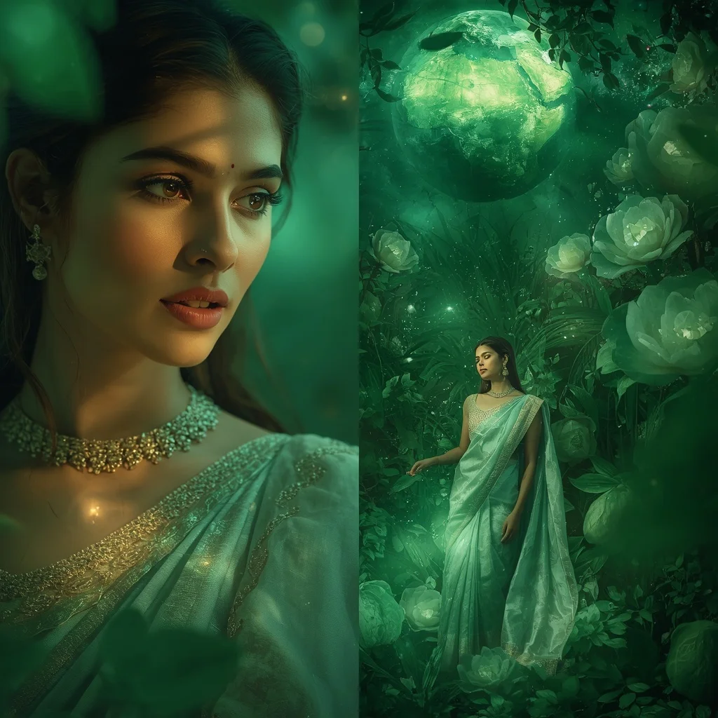 Festive Pastel Saree Emerald Planet Blossom Sanctuary Collage | South Indian Prompt For Gemini Girl Instagram