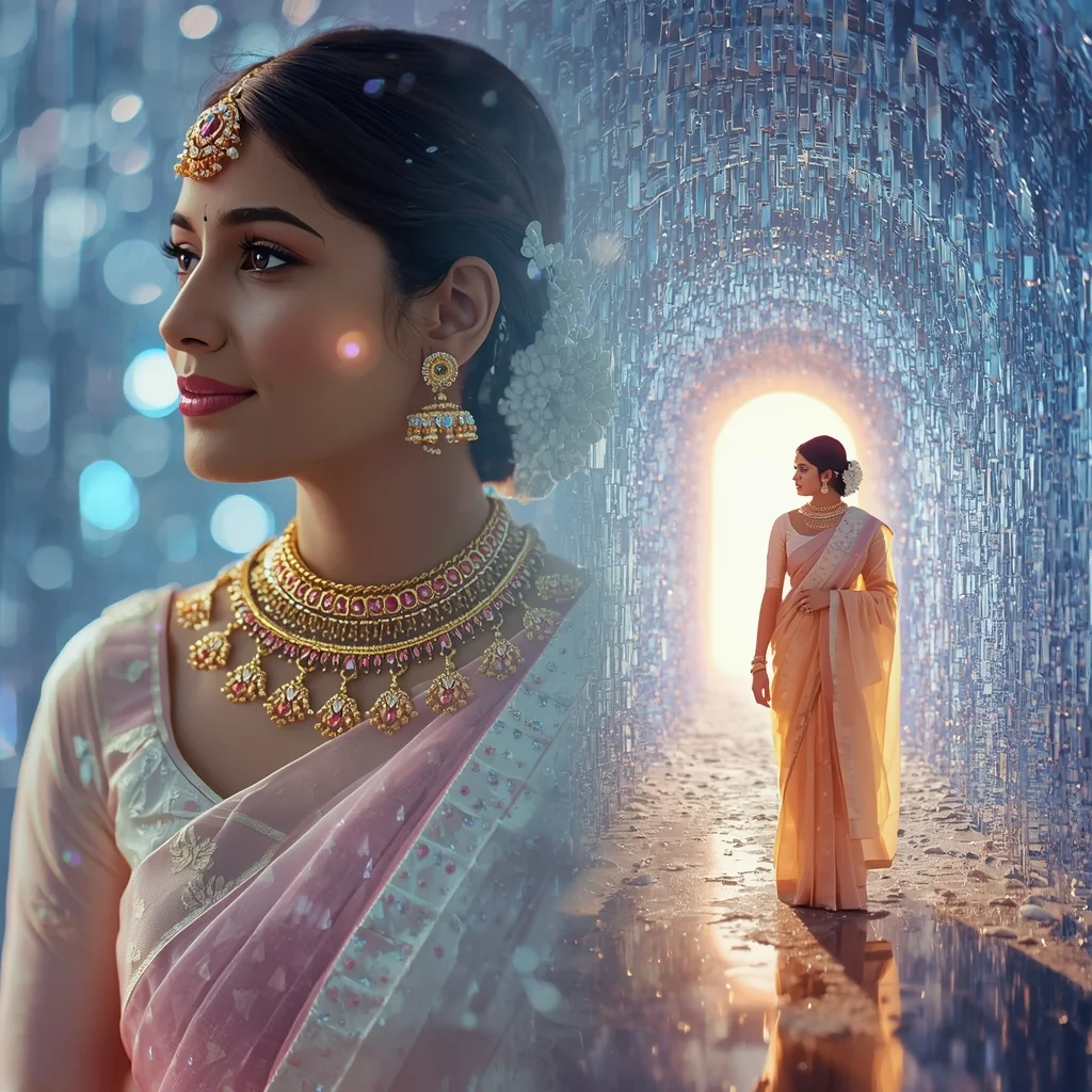 Festive Pastel Saree Enchanting Ethereal Crystal Tunnel Collage | Magical Fantasy Prompt | Traditional Saree Prompt