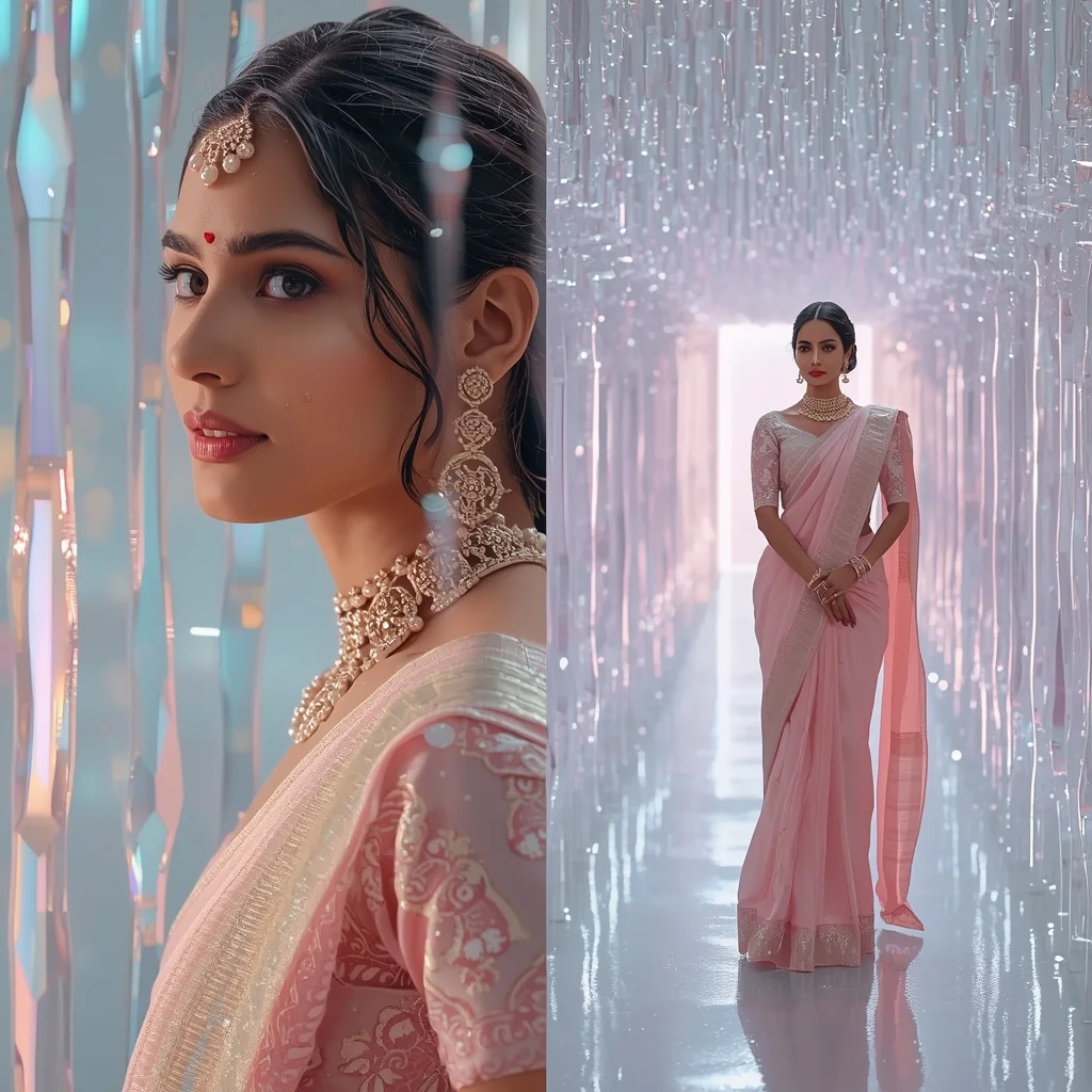 Festive Pastel Saree Enchanting Mystical Ethereal Crystal Tunnel Collage | Magical Fantasy Prompt | Beautiful Saree Girl Ai Prompt