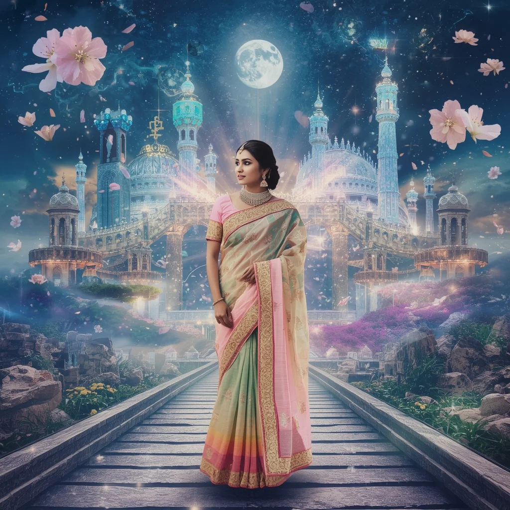 Festive Pastel Saree Eternal Aurora Diamond Celestial Wonderland Collage | New Design Ai Prompt