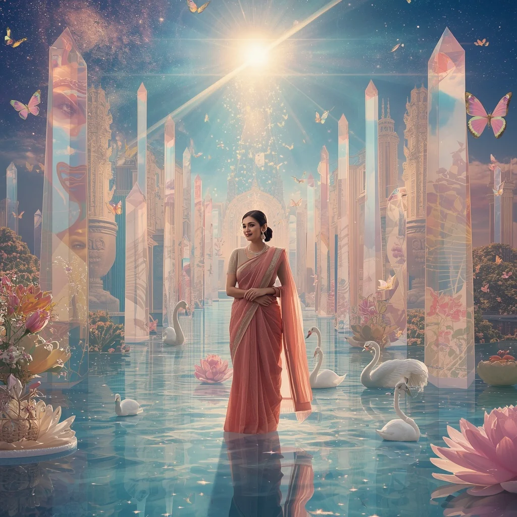 Festive Pastel Saree Eternal Crystal Aurora Paradise Empire Collage Luxury | Prompt For Traditional Look For Girl