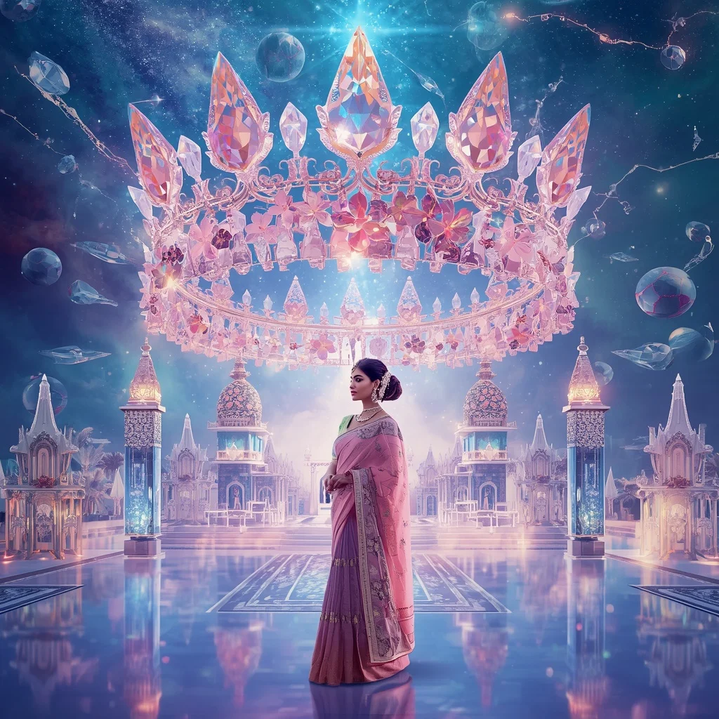 Festive Pastel Saree Eternal Diamond Aurora Celestial Crown Collage Cinematic Luxury | Ai Selfie Prompt