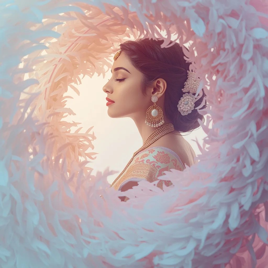 Festive Pastel Saree Feather Spiral Collage | Indian Girl Dream Motion Aesthetic Soft Cinematic Viral Prompt | Indian Bride Saree Ai Prompt