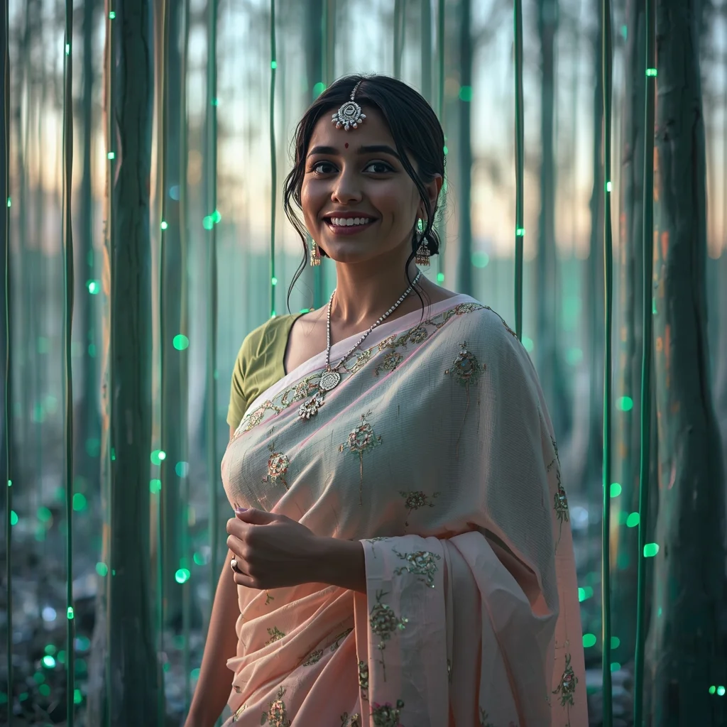 Festive Pastel Saree Fiber-Optic Cyber-Forest Bleed Collage Modern Cinematic | Modern Saree Ai Prompt