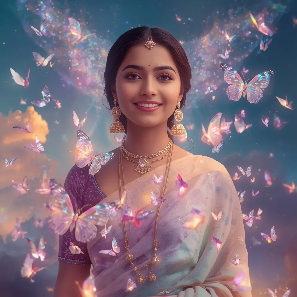 Festive Pastel Saree Floating Aurora Crystal Butterflies Collage Cinematic Premium | Saree Ai Prompt