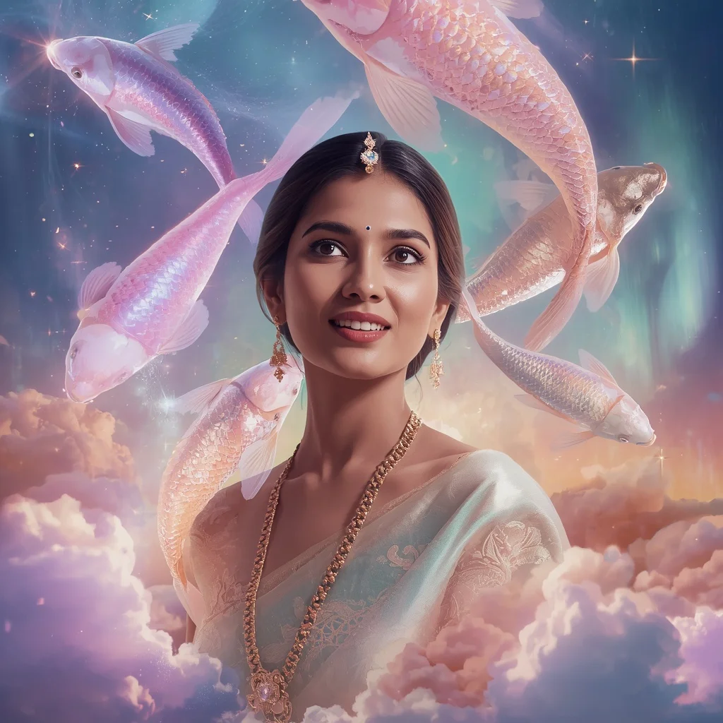 Festive Pastel Saree Floating Aurora Crystal Koi Galaxy Collage Cinematic Premium | Prompt Seen Trending Girl 2026 Butterfly