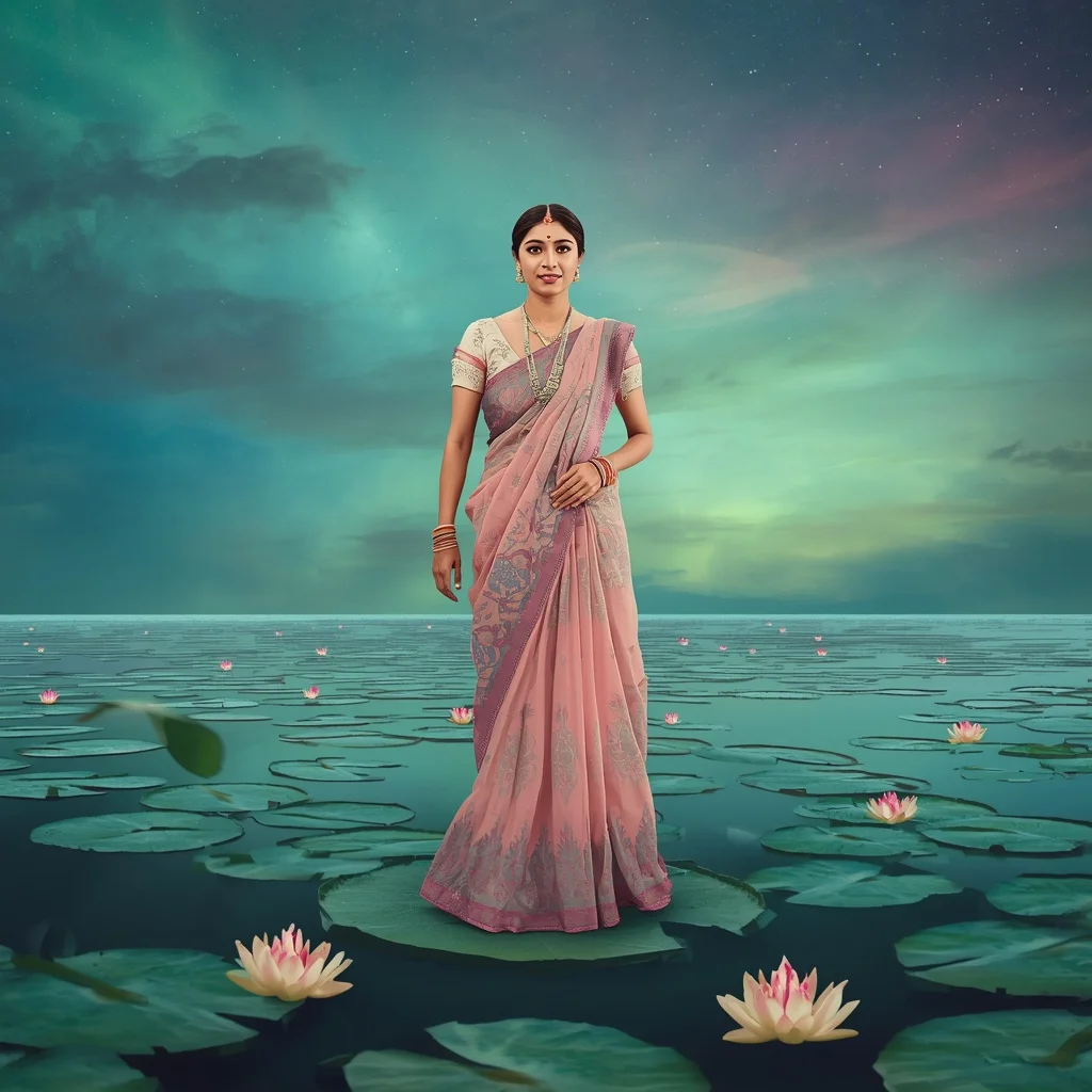 Festive Pastel Saree Floating Aurora Lily Islands Dream Collage | Prompt For Gemini AI Girl