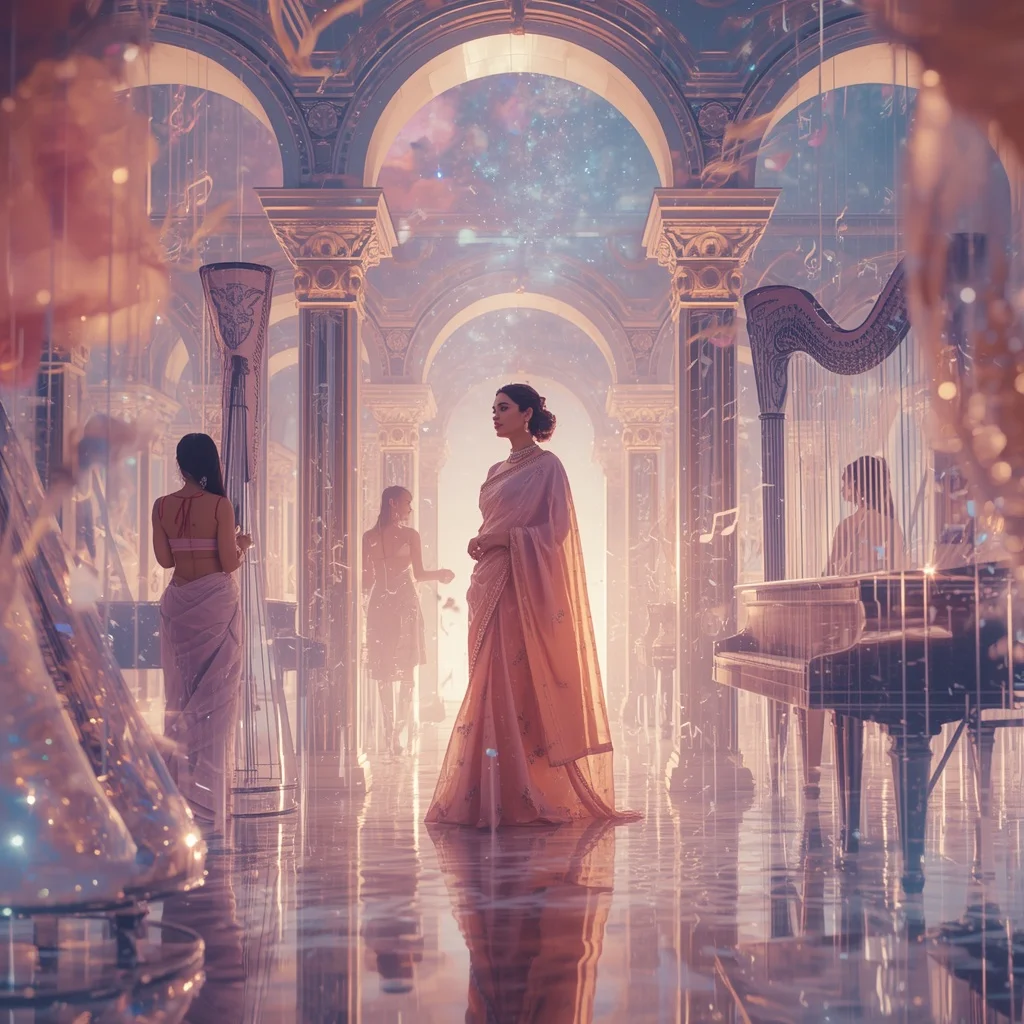 Festive Pastel Saree Floating Aurora Music Palace Collage Cinematic | New Instagram Trend Prompt For Girl And Boy
