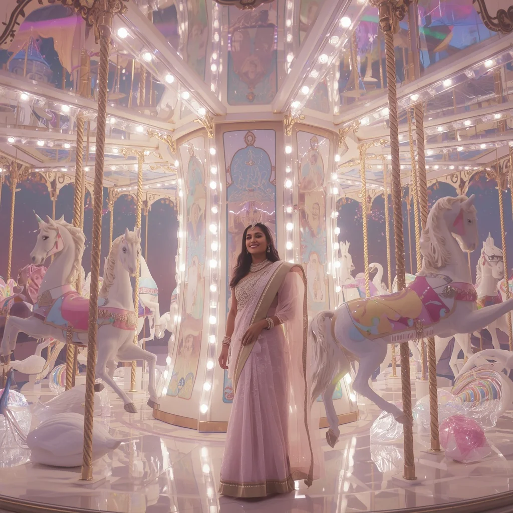Festive Pastel Saree Floating Crystal Aurora Carousel Collage Cinematic | Beautiful Woman Ai Prompt