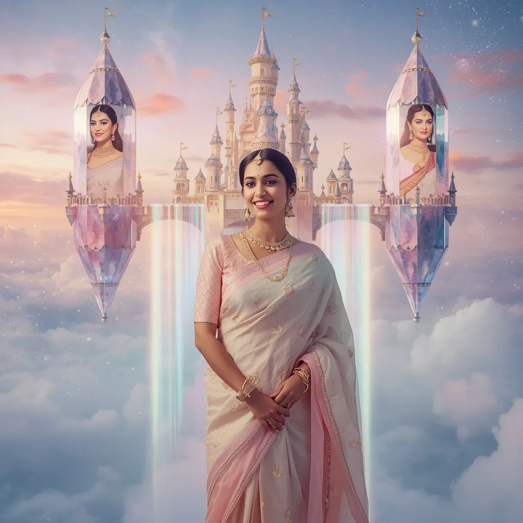 Festive Pastel Saree Floating Crystal Aurora Castle Collage Premium | South Indian Prompt For Gemini Girl Instagram