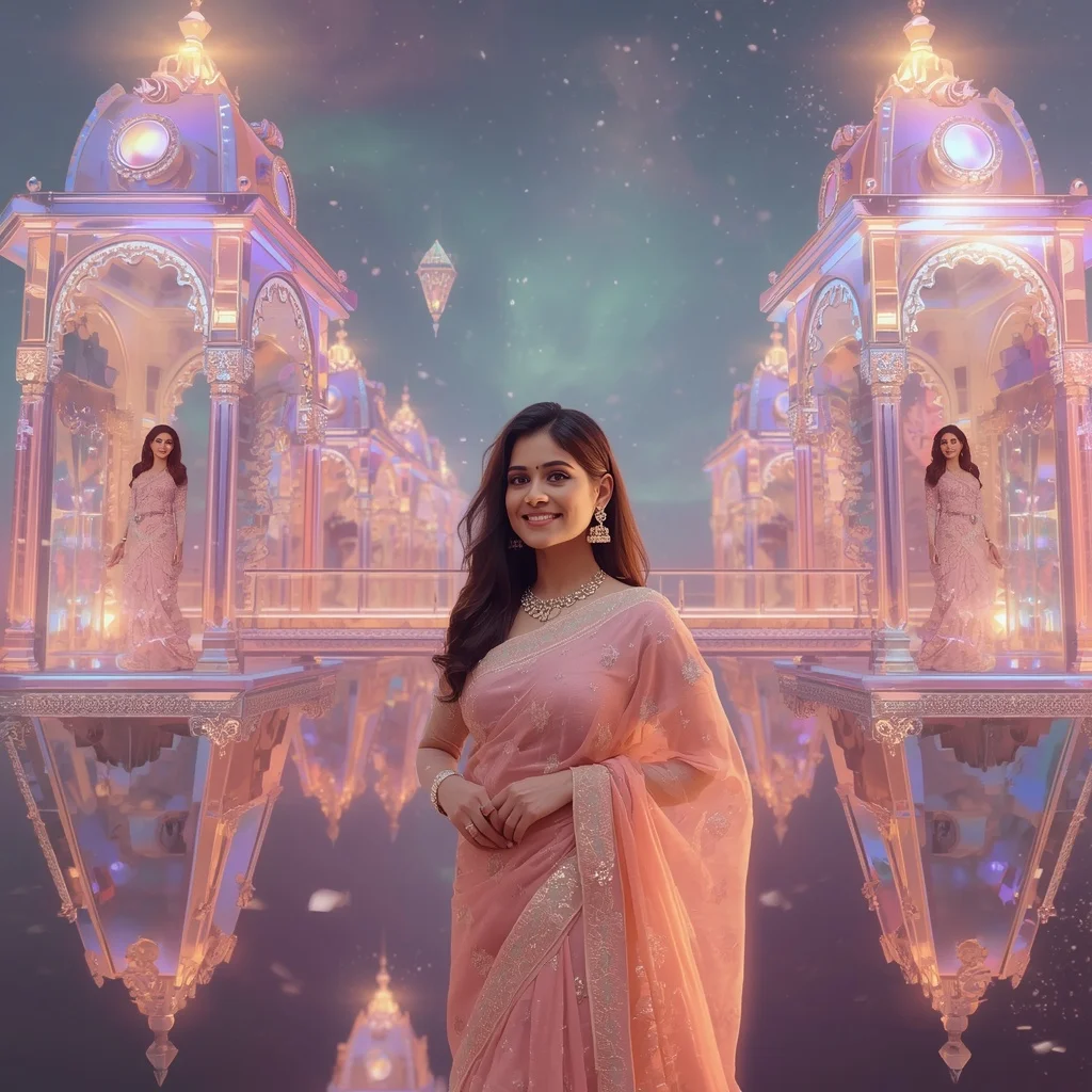 Festive Pastel Saree Floating Crystal Aurora Pavilion City Collage Premium | Ai Gemini Photo Prompt