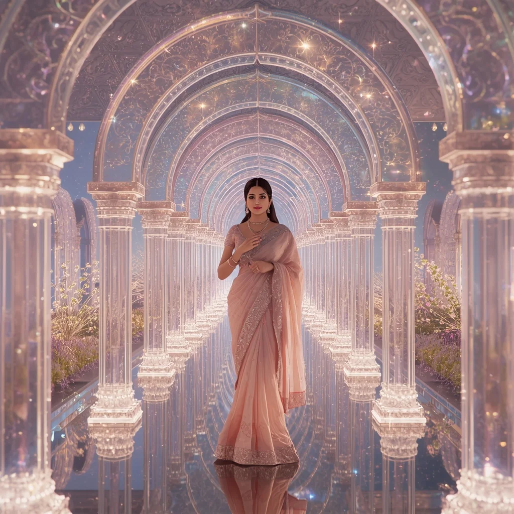 Festive Pastel Saree Floating Crystal Aurora Pavilion Collage Premium | Prompt Seen Trending Girl Instagram