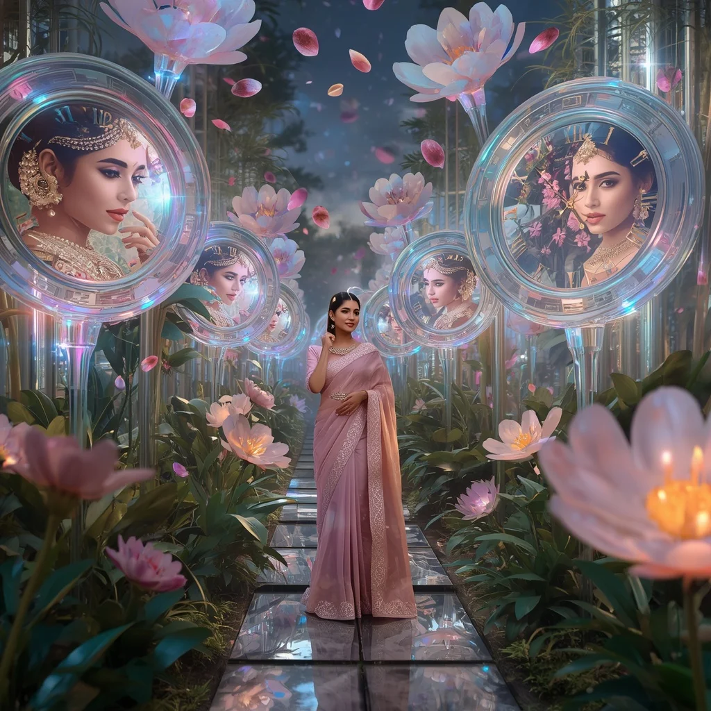 Festive Pastel Saree Floating Crystal Clock Garden Collage Luxury | Cinematic Ai Prompt